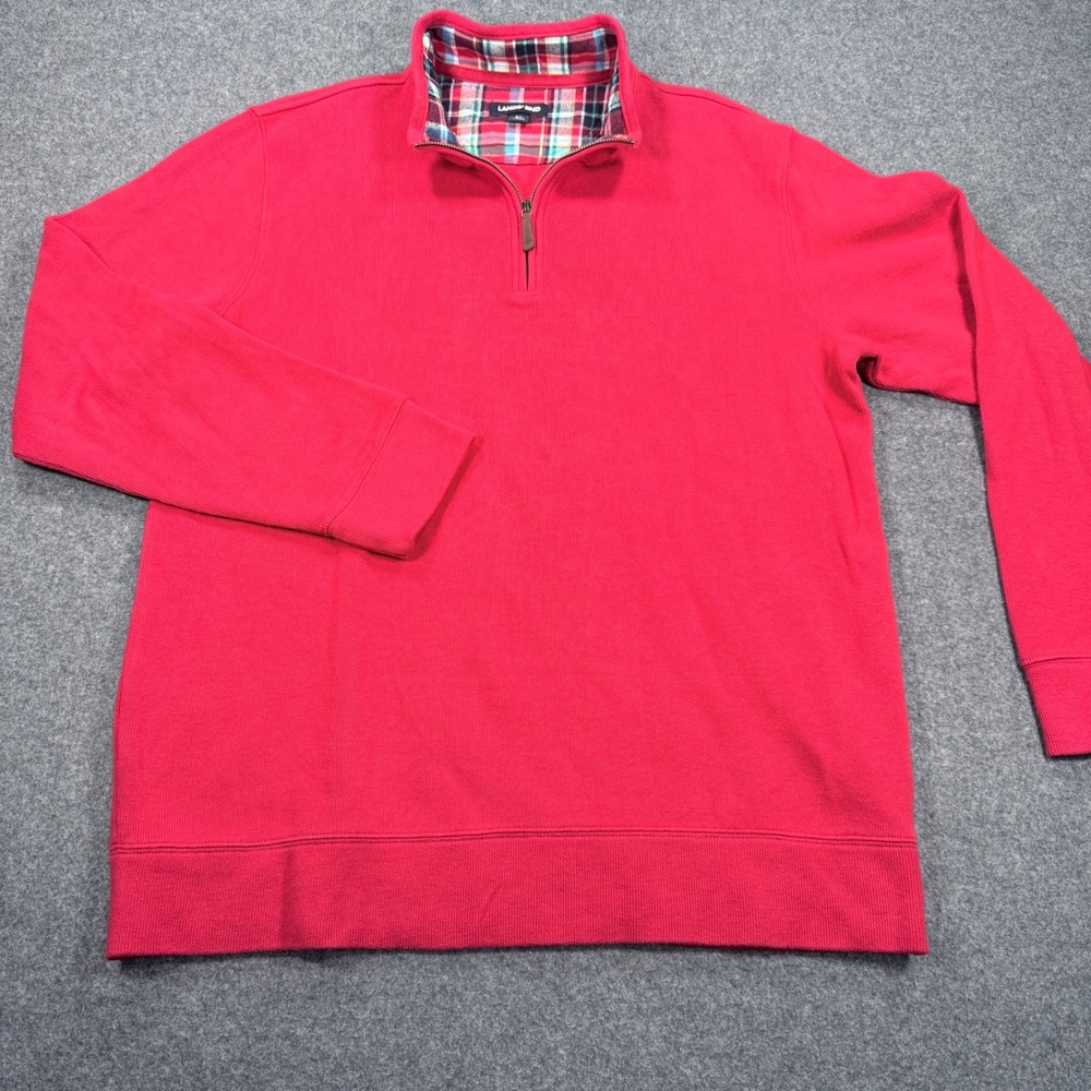 Lands End Mens XL Red 100% Cotton Plaid Lined Quarter Zip Pullover Sweater